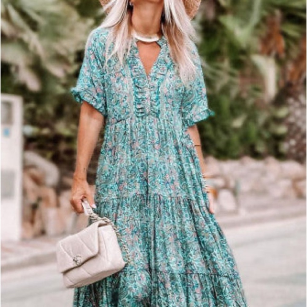 Sky Blue Paisley Print Boho vacation Ruffle Tiered Maxi Dress